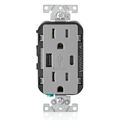 Leviton 15 Amp Type A and Type-C USB in Wall Charger, Grounding, Side Wired & Back Wired - Grey