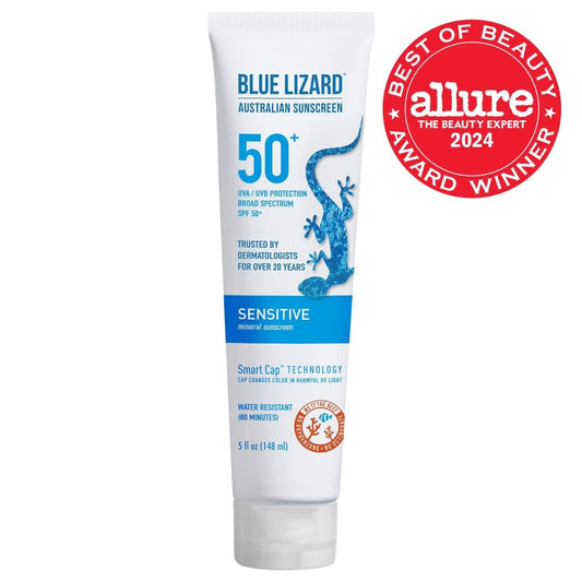 BLUE LIZARD Sensitive Mineral Sunscreen with Zinc Oxide 50+ Water Resistant UVAUVB Protection with Smart Cap Technology Fragrance Free , Sensitve, SPF 50 - - Tube, Unscented, 5 Fl Oz