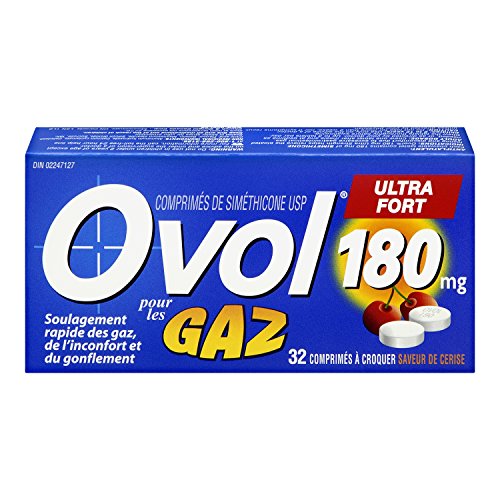 Ovol Extra Strength, Cherry Flavour Chewable Tablets, Gas Pain, Pressure, and Bloating Relief, Made in Canada, 180mg, 32 Count