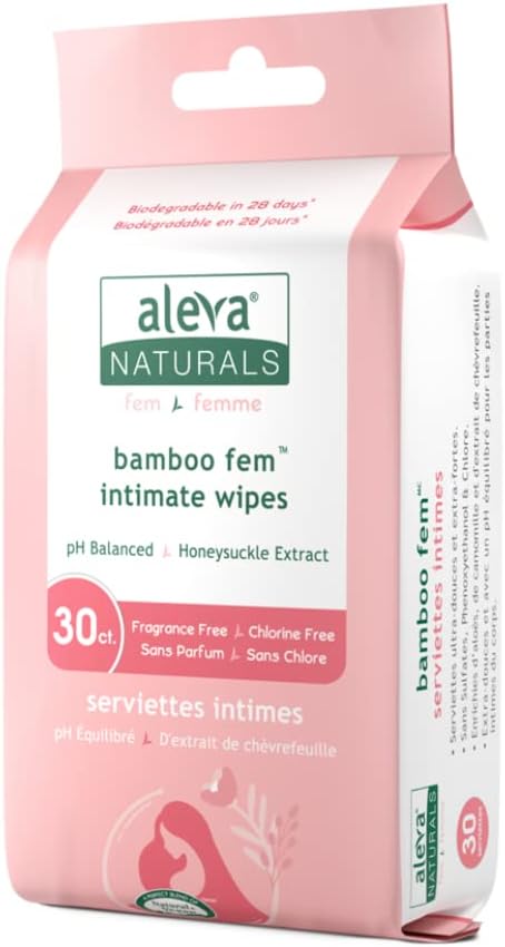 Aleva Naturals Bamboo Fem Wipes for Woman - Ultra-Soft, Biodegradable, pH Balanced Formula to Refresh Intimate Areas, Gentle Cleansing Wipes - Unbleached, 30 Count (Pack of 1)