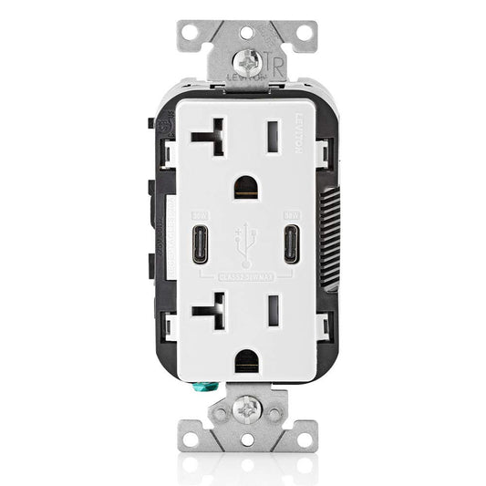 Leviton 30W (6A) USB Dual Type-C/C Power Delivery Wall Outlet Charger with 20A Tamper-Resistant Outlet, White