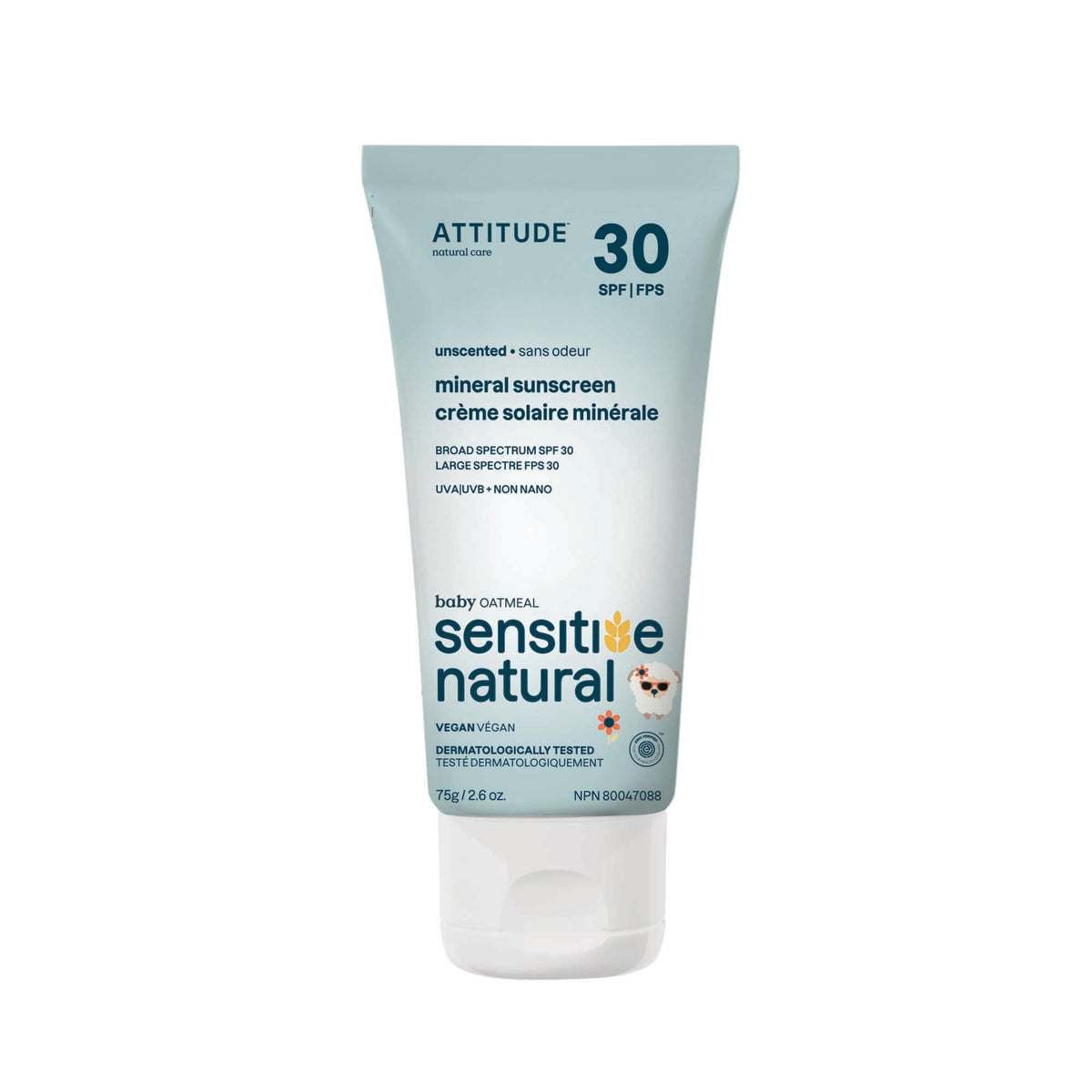 ATTITUDE Mineral Sunscreen for Baby and Kids with Sensitive Skin, EWG Verified, Broad Spectrum UVA/UVB, Dermatologically Tested, Plant and Mineral-Based Formula, Vegan, SPF 30, Unscented, 75 grams