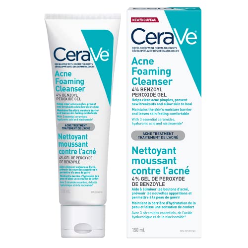 CeraVe 4% Benzoyl Peroxide ACNE Treatment Foaming Cleanser Face & Body Wash, with Hyaluronic Acid and Niacinamide. Helps Clear Acne Pimples and prevent breakouts. Gentle Gel, Fragrance-Free, 150ML