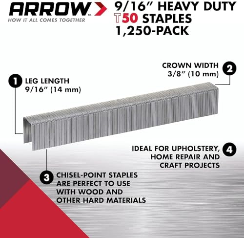 Arrow Fastener 50924 9/16-Inch Genuine T50 Staples, 1,250-Pack , Grey