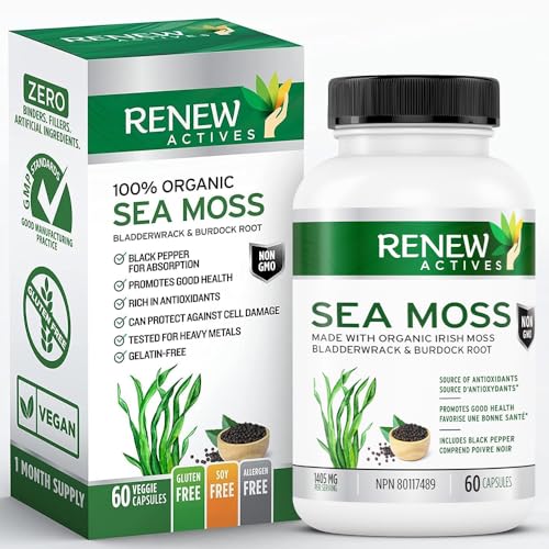 Renew Actives Sea Moss Capsules - Premium Triple-Action Antioxidant Blend with BioPerine for Ultimate Absorption - Organic Irish Sea Moss, Bladderwrack & Burdock Root - 60 Capsules