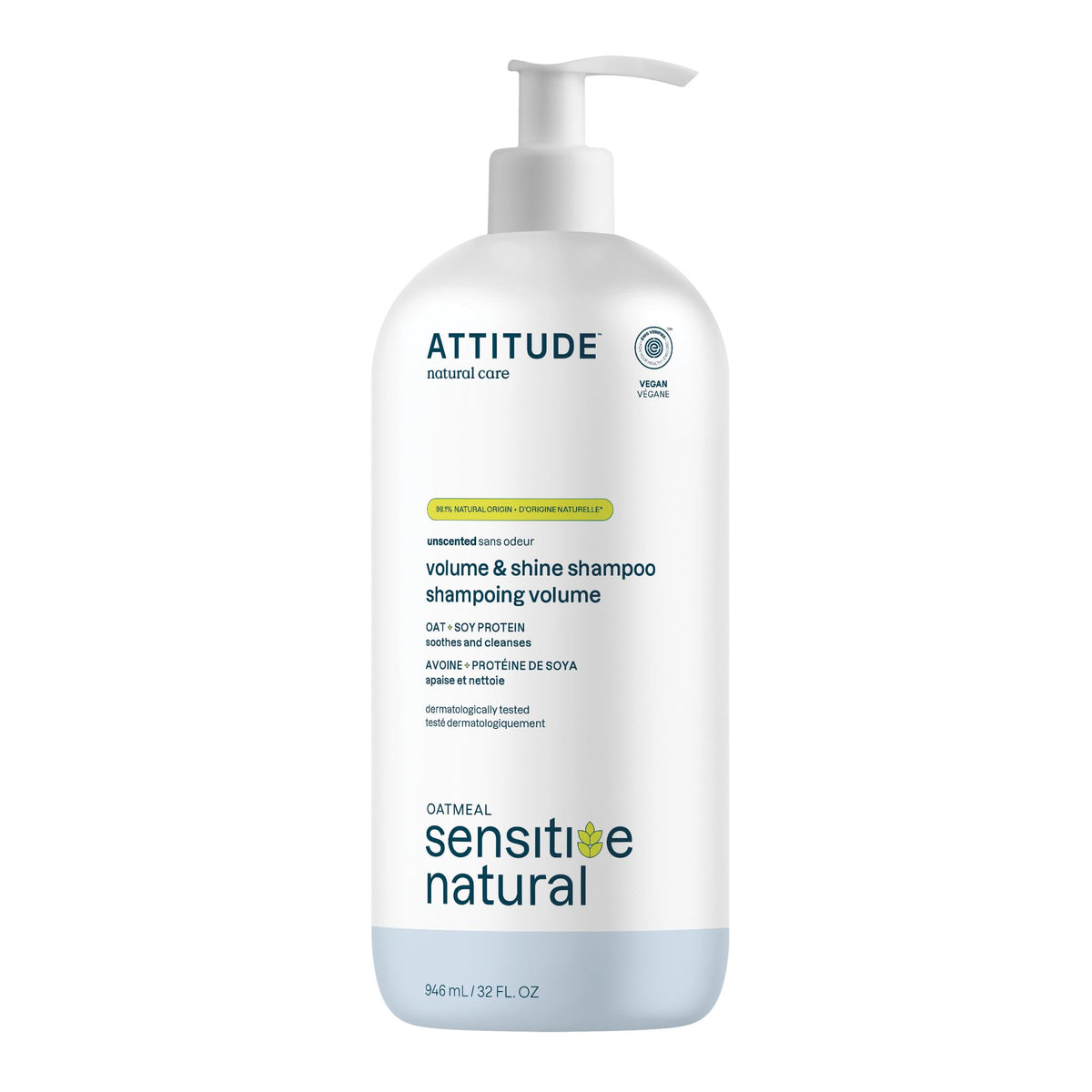 ATTITUDE Volume and Shine Hair Shampoo for Sensitive Dry Scalp, EWG Verified, Soothing Oat, For Thin Hair, Naturally Derived Ingredients, Vegan and Plant-Based, 946 mL