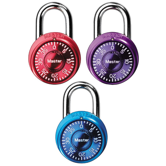 Master Lock Padlock, Mini Dial Combination Lock, 1-9/16 in. Wide, Color Assortment Pack, 1533TRI (Pack of 3)