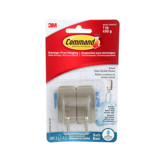 Command Bath Small Hooks BATH33-SN-2EF, Water Resistant, 2 Hooks, 4 Strips, Satin Nickel