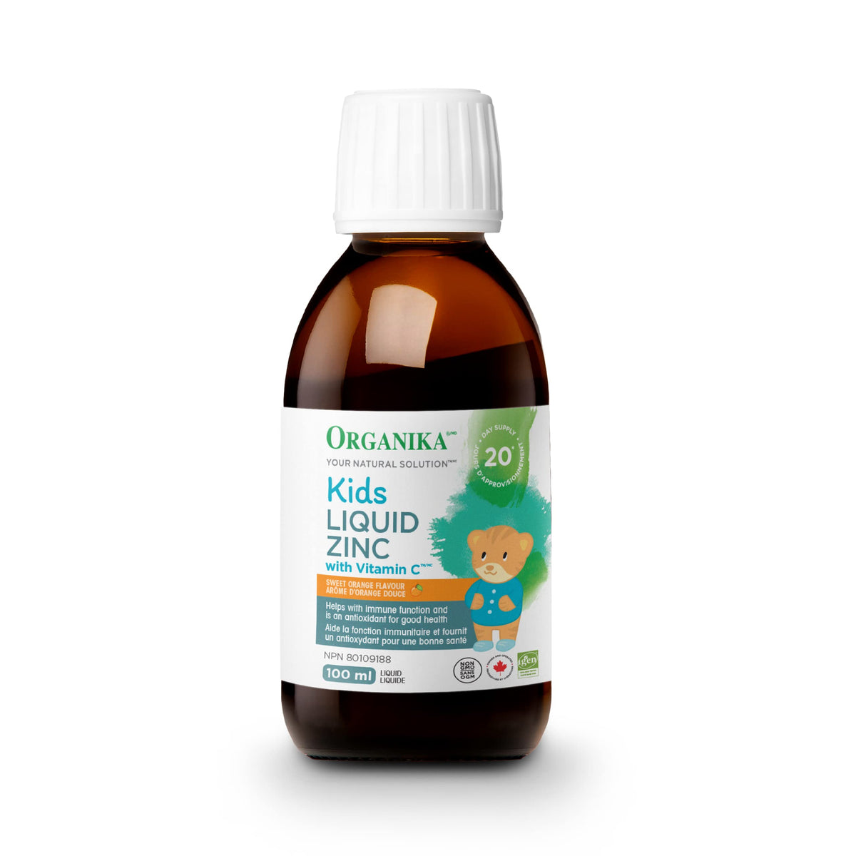 Organika Canadian-Made Kids Liquid Zinc with Vitamin C- Sweet Orange Flavour- Immune Function Support 100ml