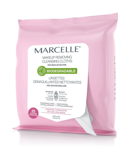 Marcelle Biodegradable and Recyclable Hydrating Makeup Cleansing Cloths, Dry Skin, Hypoallergenic, Fragrance-Free, Cruelty-Free, Paraben-Free, Oil-Free, Non-Comedogenic, Vegan, 25 Cloths