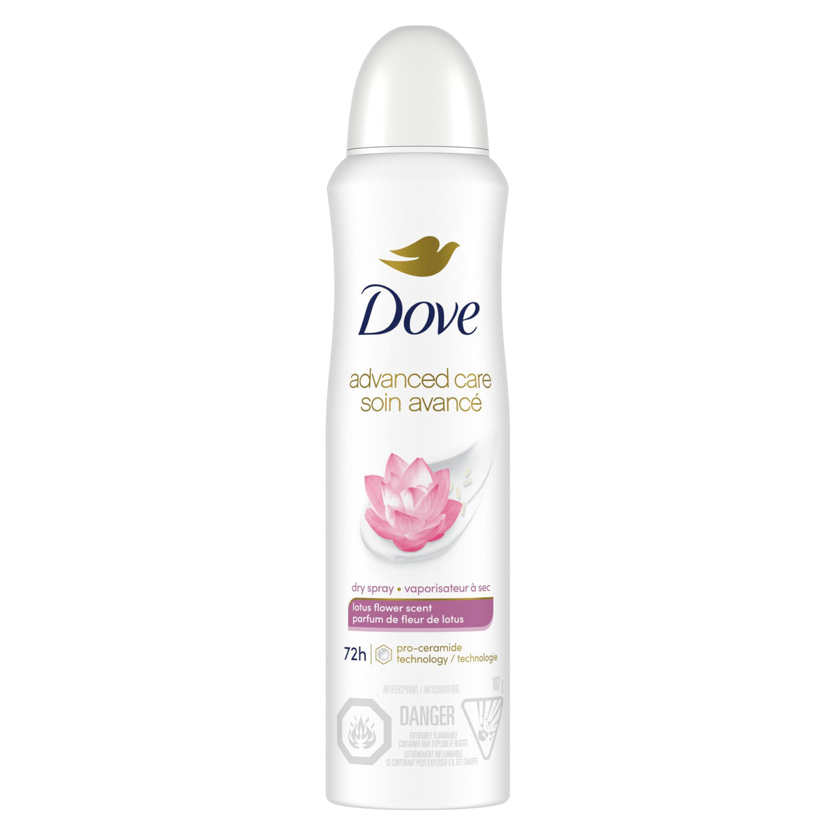 Dove Advanced Care Antiperspirant Dry Spray for Women with Pro-Ceramide Technology Lotus Flower Scent for Soft, Resilient Skin, 107g