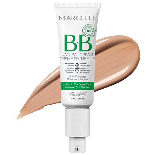 Marcelle BB Natural Cream, Light Medium, Light Coverage, with Hydrating Vitamin C and Green Tea Extract, Hypoallergenic, Fragrance-Free, Cruelty-Free, Paraben-Free, Non-Comedogenic, Oil-Free, Vegan, 45 mL