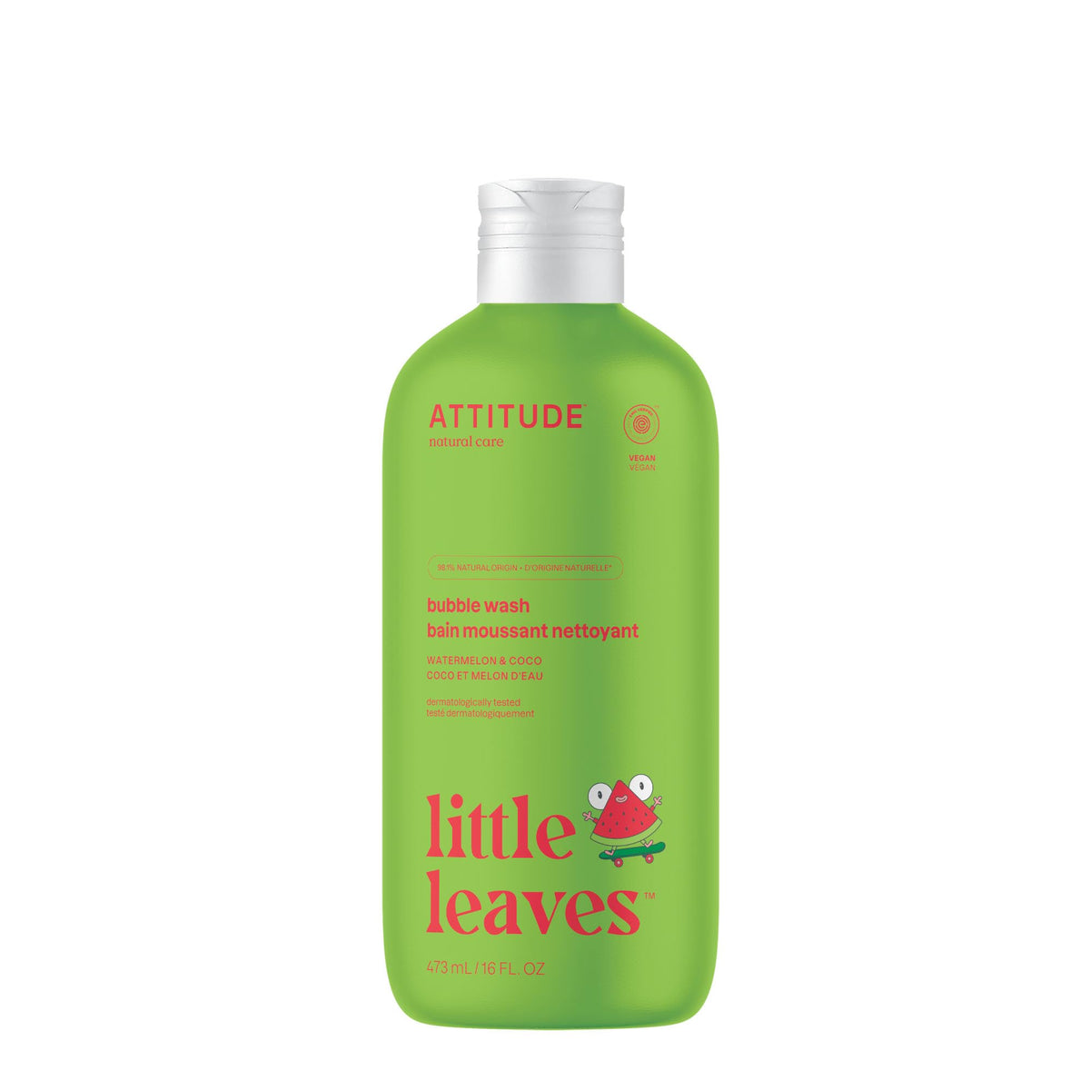 ATTITUDE Bubble Wash for Kids, EWG Verified Bubble Bath, Hair Shampoo and Body Soap, Dermatologically Tested, Plant- and Mineral-Based, Vegan, Watermelon & Coco, 473 mL