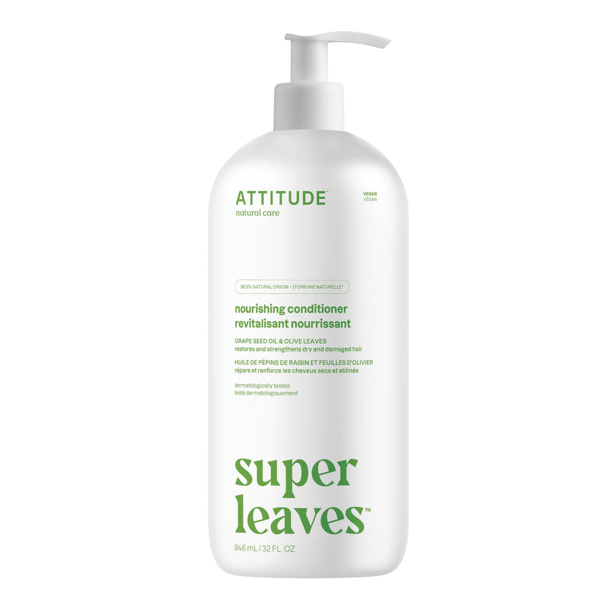 ATTITUDE Nourishing Hair Conditioner, For Dry and Damaged Hair, Naturally Derived Ingredients, Vegan Detangler, Dermatologically Tested, Grapeseed Oil and Olive Leaves, 946 mL