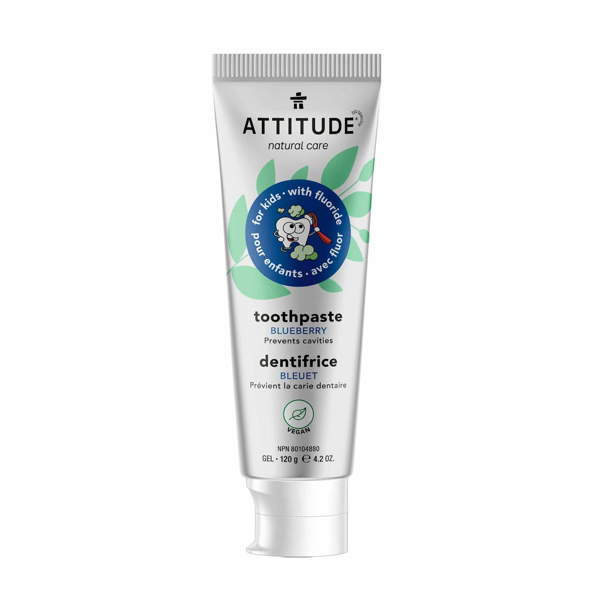 ATTITUDE Kids Natural Toothpaste with Fluoride, Prevents Tooth Decay and Cavities, Vegan and Sugar-Free, Blueberry, 120 grams