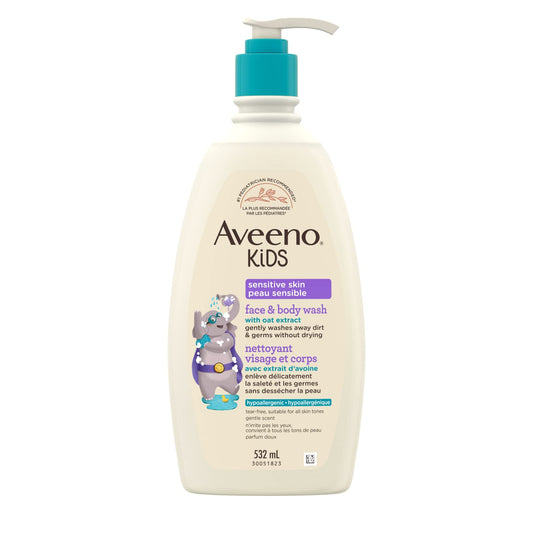 Aveeno Kids Face & Body Wash, Hypoallergenic, 2 in 1 Cleanser, Oat Formula, Sensitive Skin, Kids Shower Gel, 532 mL