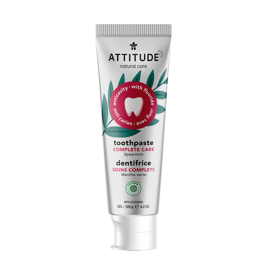 ATTITUDE Toothpaste with Fluoride, Prevents Tooth Decay and Cavities, Vegan, Cruelty-Free and Sugar-Free, Complete Care, Spearmint, 120 grams