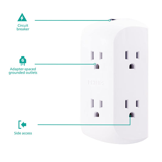 Philips 6-Outlet Extender, 2 Pack, Grounded Wall Tap, Reset Button, Circuit Breaker, Adapter Spaced Outlets, 3-Prong, Quick and Easy Install, Cruise Essentials, ETL Listed, White, SPS1462WA/37