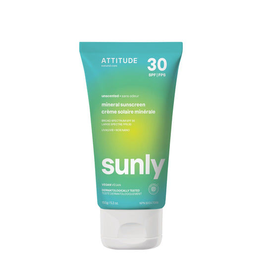 ATTITUDE Mineral Sunscreen with Zinc Oxide, SPF 30, EWG Verified, Broad Spectrum UVA/UVB Protection, Dermatologically Tested, Vegan, Unscented, 150 grams