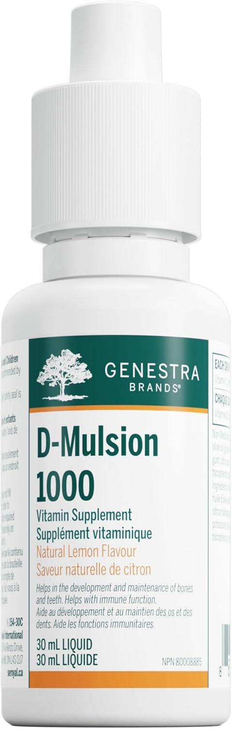 Genestra Brands D-Mulsion 1000 IU - Liquid Vitamin D3 - For Healthy Bones & Teeth - Immune Function Support - Non-GMO, Gluten Free & Dairy Free - 30 mL - Natural Lemon Flavour