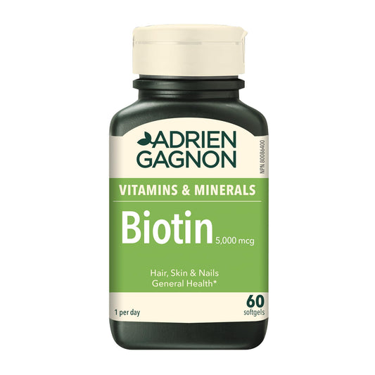 Adrien Gagnon - Biotin Extra-Strength 5000 mcg, for Thicker Hair, Healthier Skin, and Stronger Nails, 60 softgels (Gift Wrap Available)