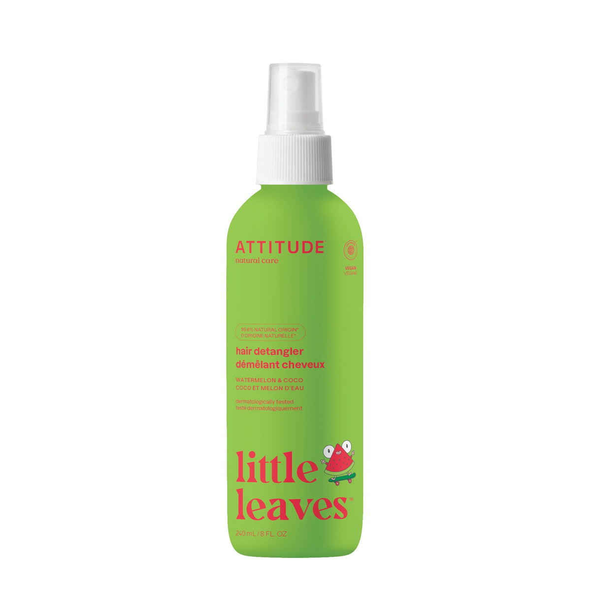 ATTITUDE Rinse-free Hair Detangler Spray for Kids, EWG Verified Leave In Product, Plant- and Mineral-Based Ingredients, Vegan, Watermelon and Coco, 240 mL