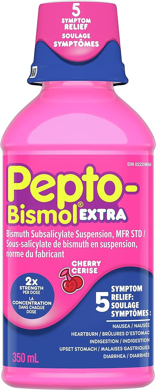 Pepto Bismol Extra Strength Liquid, 2X Concentrated Formula, Upset Stomach Relief, Diarrhea Relief, Heartburn, Nausea, Indigestion, Upset Stomach, Cherry Flavour, 12oz /350mL