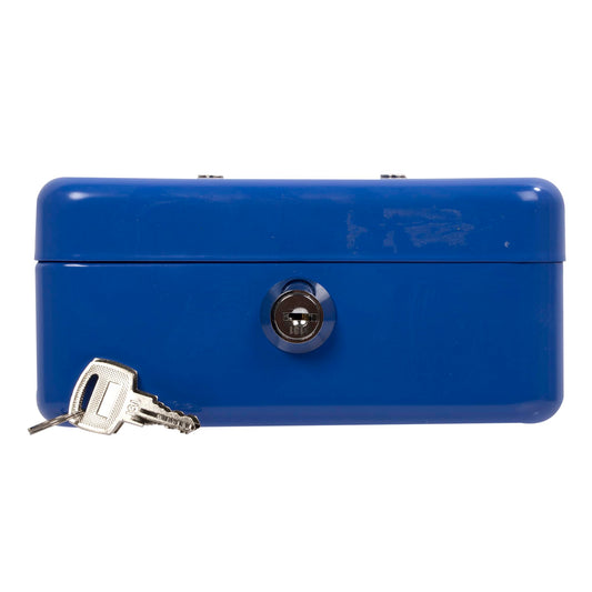 Desk Tech Heavy-Duty Metal Cash Box with Lock, 6-Slot Removable Tray, Portable Safe Box for Office Desk, School, Small Business, and Yard Sale, 6" L x 2.5" H x 4.5" W, Blue