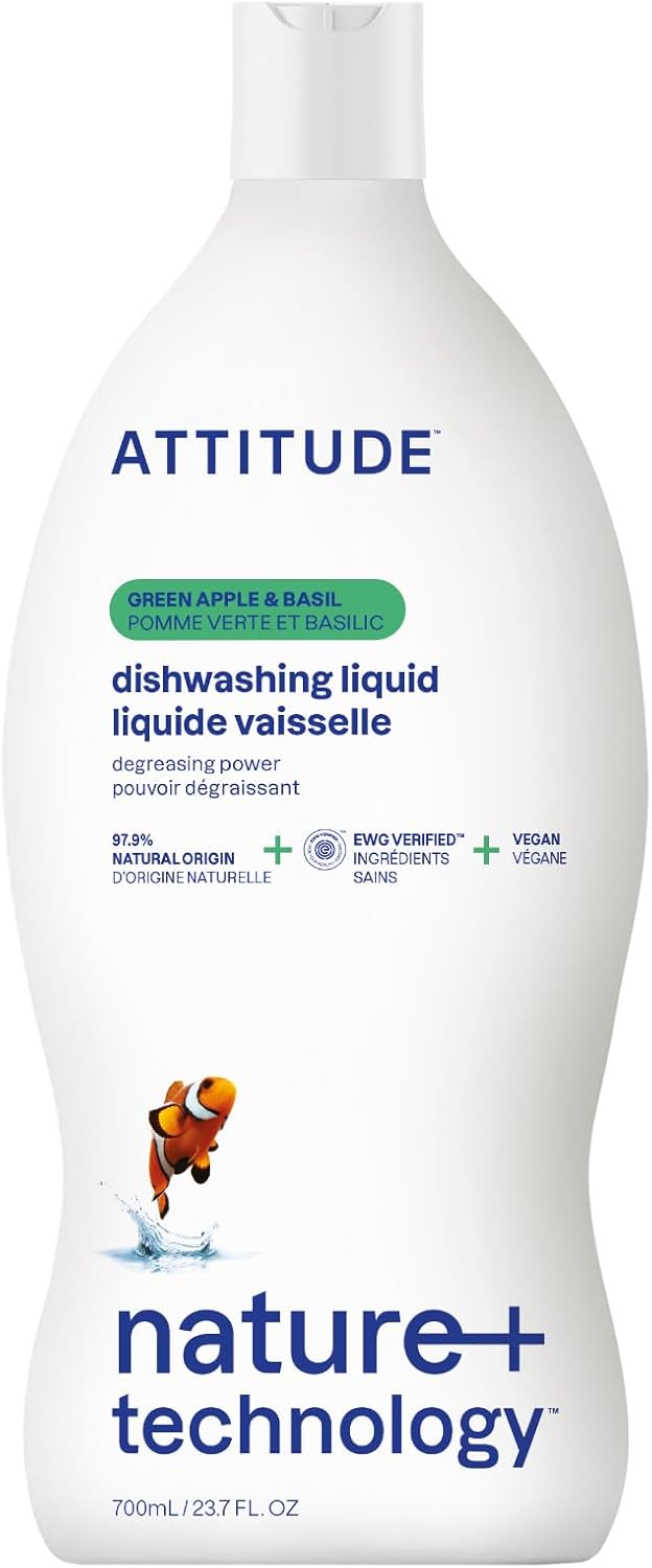 ATTITUDE Dishwashing Liquid, EWG Verified, Vegan Dish Soap, Plant Based, Naturally Derived Products, Green Apple and Basil, 700 mL