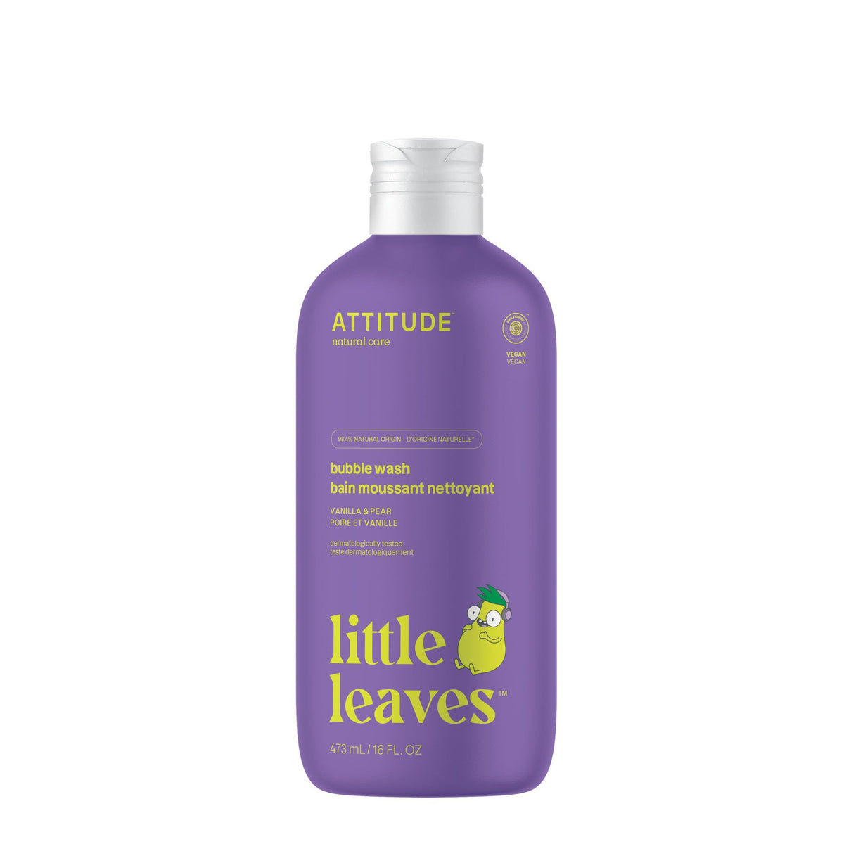 ATTITUDE Bubble Wash for Kids, EWG Verified Bubble Bath, Hair Shampoo and Body Soap, Dermatologically Tested, Plant- and Mineral-Based, Vegan, Vanilla & Pear, 473 mL