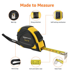 Amazon Basics Self-Locking Tape Measure - 16-Feet (5-Meters), Inch/Metric Scale, MID Accuracy