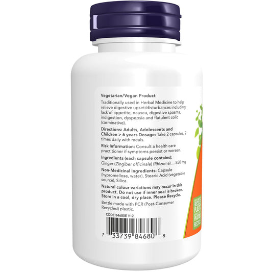 NOW Supplements Ginger Root 550mg Capsules, 100 Count