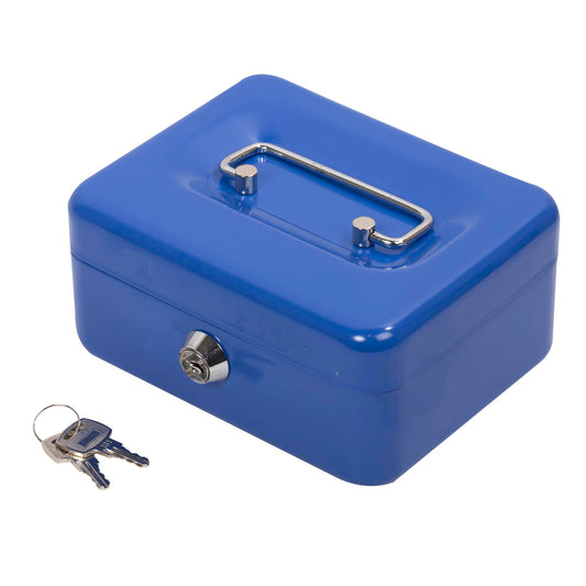 Desk Tech Heavy-Duty Metal Cash Box with Lock, 6-Slot Removable Tray, Portable Safe Box for Office Desk, School, Small Business, and Yard Sale, 6" L x 2.5" H x 4.5" W, Blue