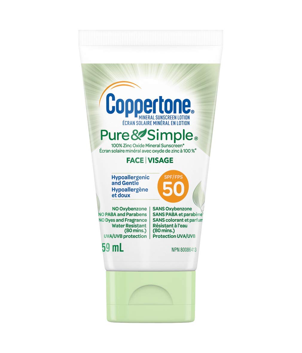 Coppertone Mineral Sunscreen lotion pure and Simple Face Spf 50, 100 percent Zinc oxide mineral Face Sunscreen, Hypoallergenic Face Lotion for Sun Protection, 59 ml.