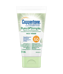 Coppertone Mineral Sunscreen lotion pure and Simple Face Spf 50, 100 percent Zinc oxide mineral Face Sunscreen, Hypoallergenic Face Lotion for Sun Protection, 59 ml.