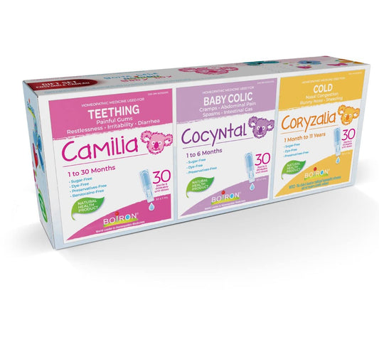 Boiron Baby Box. This gift set contains one box of Camilia 30 doses, one box of Cocyntal 30 doses and one box of Coryzalia 30 doses.