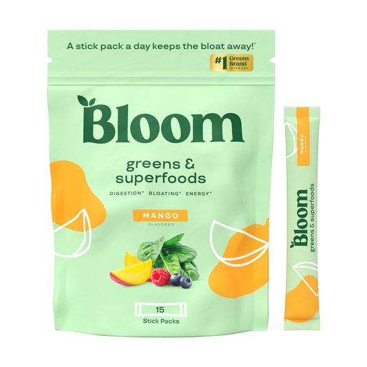 Bloom Nutrition Superfood Greens Powder, Digestive Enzymes with Probiotics and Prebiotics, Gut Health, Bloating Relief for Women, Chlorella, Green Juice Mix with Beet Root Powder, 30 SVG, Mango