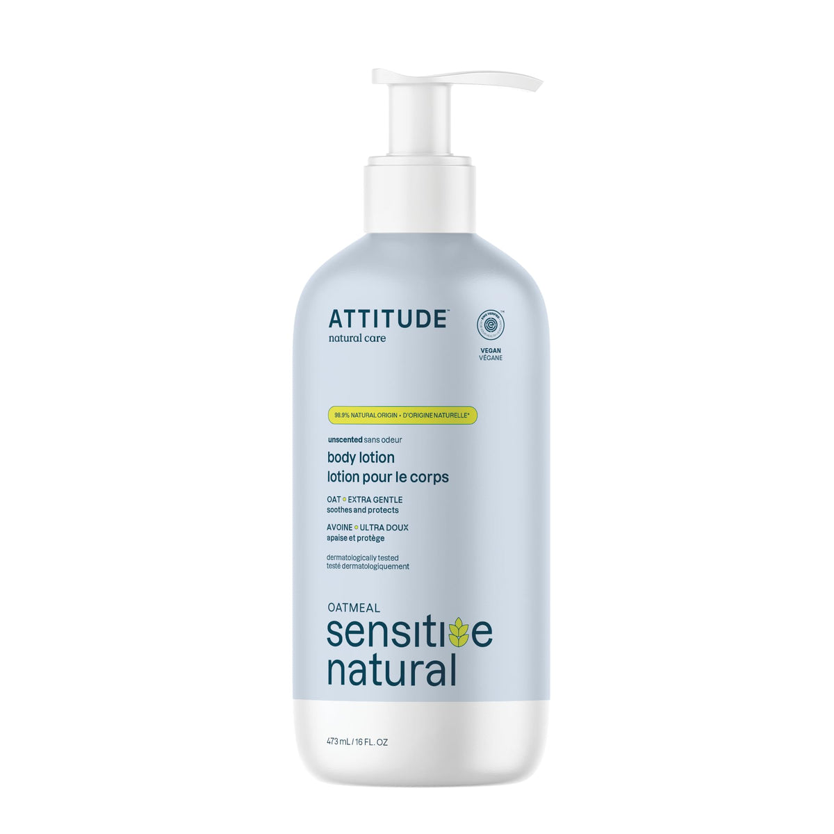 ATTITUDE Body Lotion for Sensitive Skin with Oat, EWG Verified, Dermatologically Tested, Vegan, Extra Gentle, Unscented, 473 mL