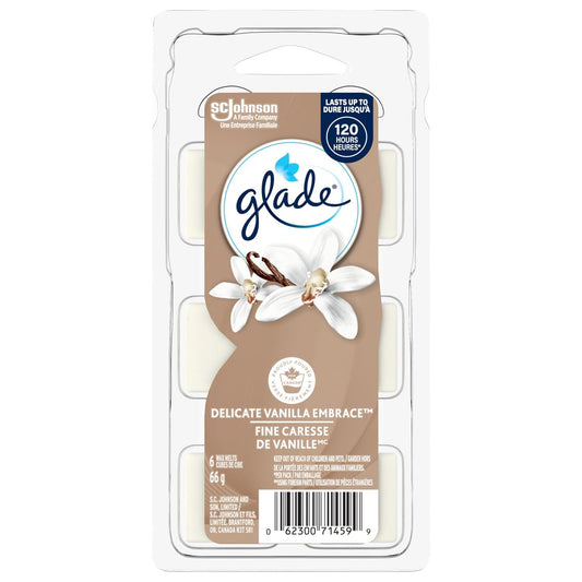 Glade Wax Melts Air Freshener and Odor Eliminator, Scented Essential Oils for Home and Bathroom, Delicate Vanilla Embrace, 6 Count