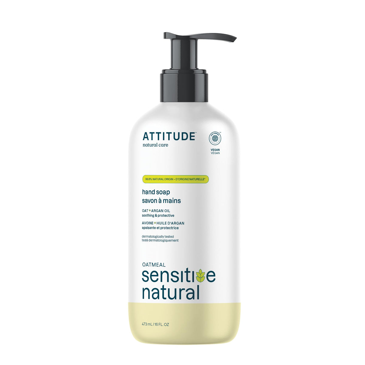 ATTITUDE Hand Soap for Sensitive Skin with Oat and Argan Oil, EWG Verified, Dermatologically Tested, Vegan, 473 mL