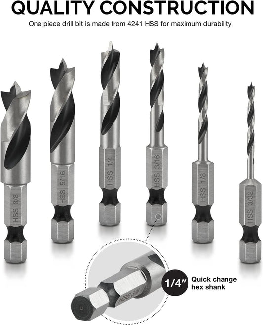 NEIKO 11401A 6 Piece Brad Point Drill Bit Set, Stubby Drill Bit Set for Wood, 1/4" Quick Change Hex Shank, HSS 4241 High Speed Steel for Quick Change Chucks and Drives, Drill Bit Holder Included