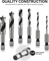 NEIKO 11401A 6 Piece Brad Point Drill Bit Set, Stubby Drill Bit Set for Wood, 1/4" Quick Change Hex Shank, HSS 4241 High Speed Steel for Quick Change Chucks and Drives, Drill Bit Holder Included