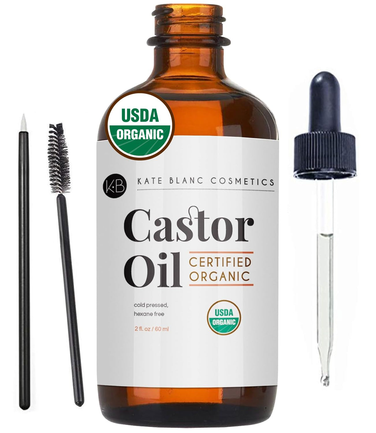 Kate Blanc Cosmetics Castor Oil Organic (2oz), 100% Pure, Cold Pressed, Hexane Free. Stimulate Growth for Hair, Eyelashes, Eyebrows. Hair Treatment Starter Kit & Skin Moisturizer