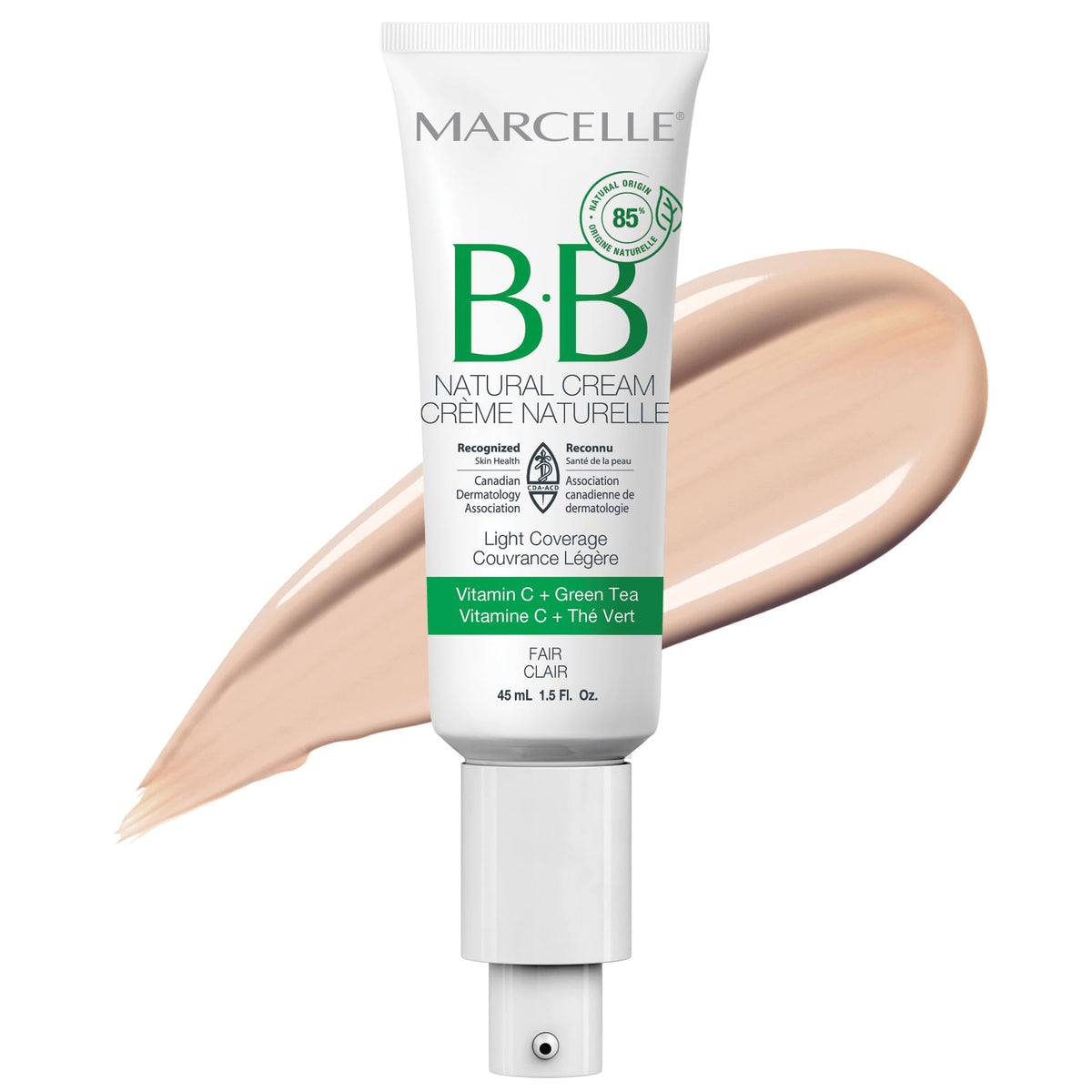 Marcelle BB Natural Cream, Fair, Light Coverage, with Hydrating Vitamin C and Green Tea Extract, Hypoallergenic, Fragrance-Free, Cruelty-Free, Paraben-Free, Non-Comedogenic, Oil-Free, Vegan, 45 mL