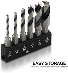 NEIKO 11401A 6 Piece Brad Point Drill Bit Set, Stubby Drill Bit Set for Wood, 1/4" Quick Change Hex Shank, HSS 4241 High Speed Steel for Quick Change Chucks and Drives, Drill Bit Holder Included