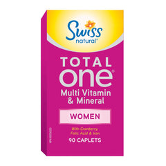 Swiss Natural Total One Multi Vitamin & Mineral | Women | With Cranberry, Folic Acid and Iron | Daily Maintenance for Overall Health | No Preservatives or Dairy | 90 Caplets