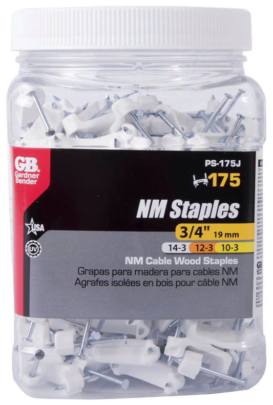 Gardner Bender PS-175J Plastic Staple, 3/4-Inch, Secures 14/3, 12/3, 10/3 Cable, 175/Jar, White