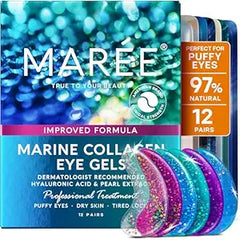 MAREE Eye Gels - Under Eye Patches for Puffy Eyes and Dark Circles with Natural Marine Collagen & Hyaluronic Acid - Anti-Aging Masks for Face to Soothe Puffiness