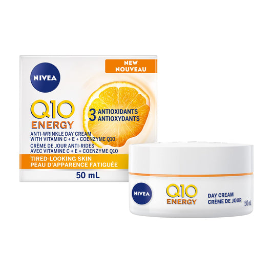 NIVEA Q10 Energy Anti-Wrinkle Day Face Cream, Anti Wrinkle Firming Cream with Q10, Vitamin C and E, Face Moisturizer for Tired Looking Skin, Visibly Reduces the Look of Wrinkles, 50mL