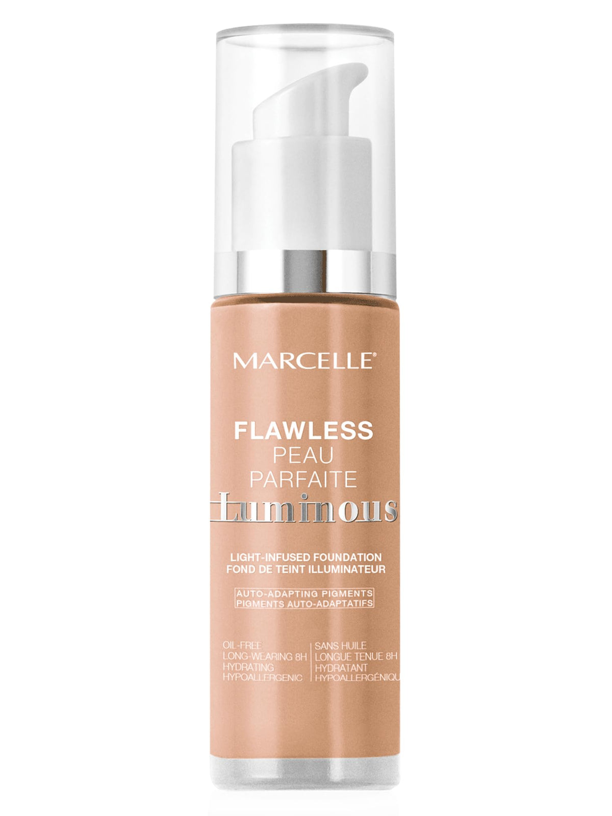 Marcelle Flawless Luminous Light-Infused Foundation, Medium Beige, Medium Coverage, Radiant Finish, Hypoallergenic, Fragrance-Free, Cruelty-Free, Paraben-Free, Non-Comedogenic, Oil-Free, 27 mL